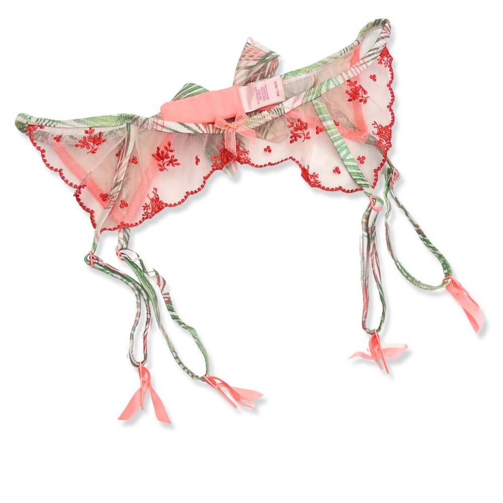 VICTORIA'S SECRET Lace Tropical Palm Print Bow Back Mesh Garter Belt Size M/L